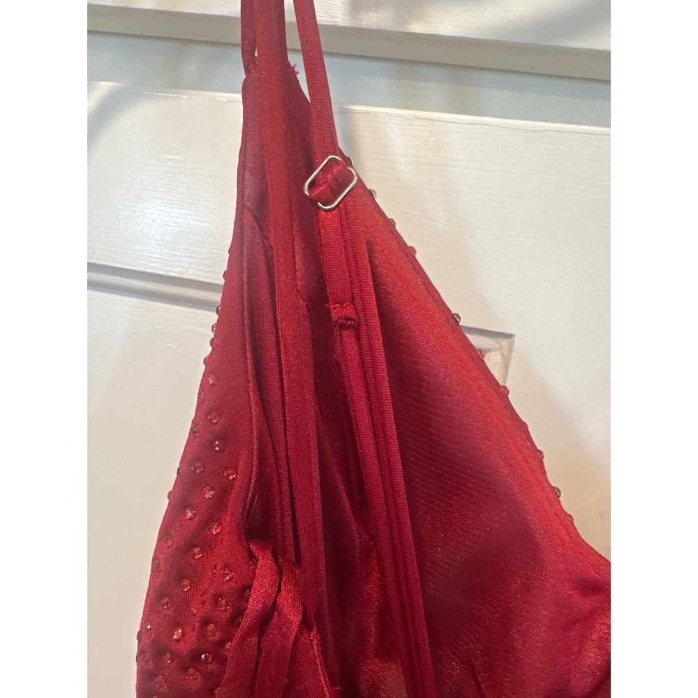Ruby Red Rhinestone Ruched Prom Dress High Slit Formal Evening Gown Size 8 - Picture 7 of 7